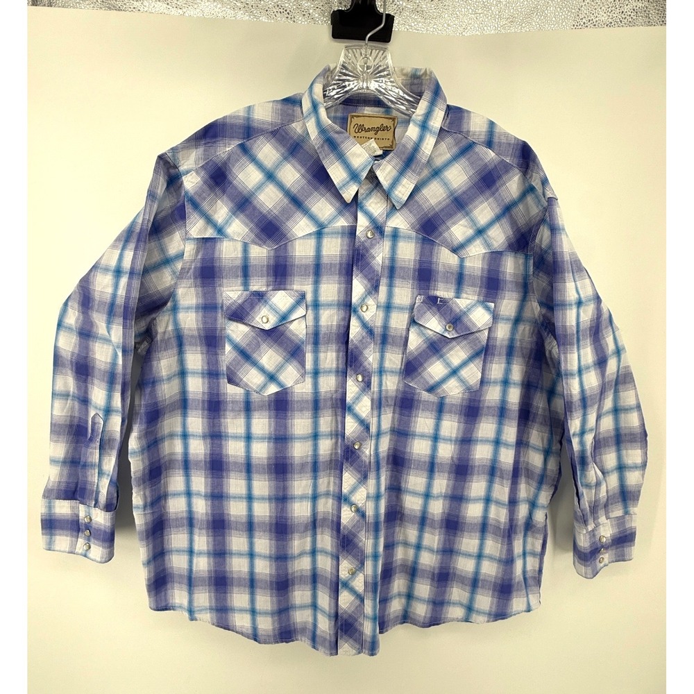 Wrangler Western Shirt Mens 2XL Blue White Plaid Pearl Snap Long Sleeve Cowboy
